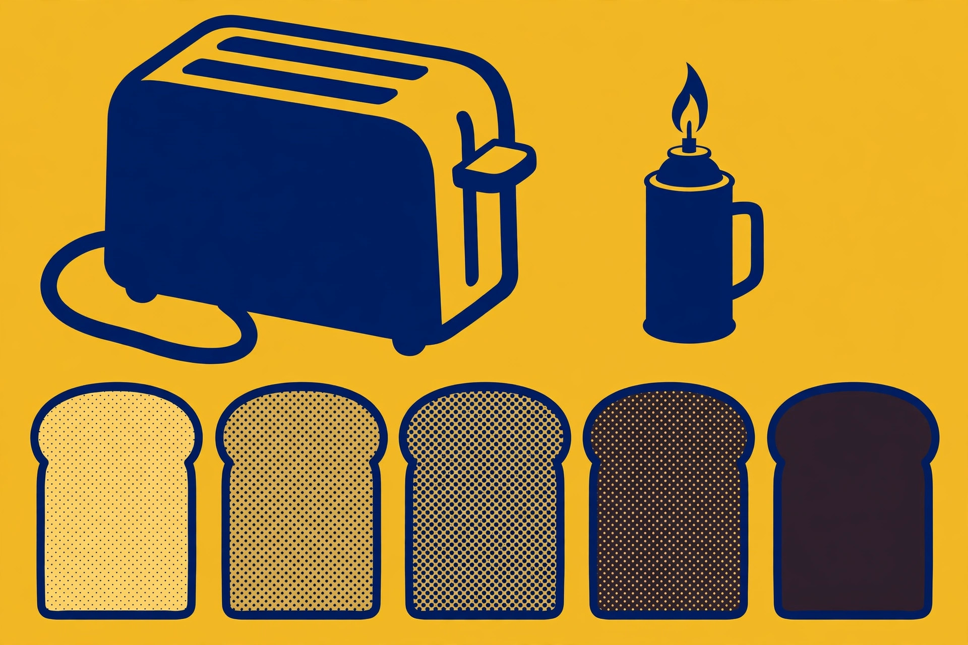 Duotone illustration of a toaster and kitchen torch above five toast slices in five shades