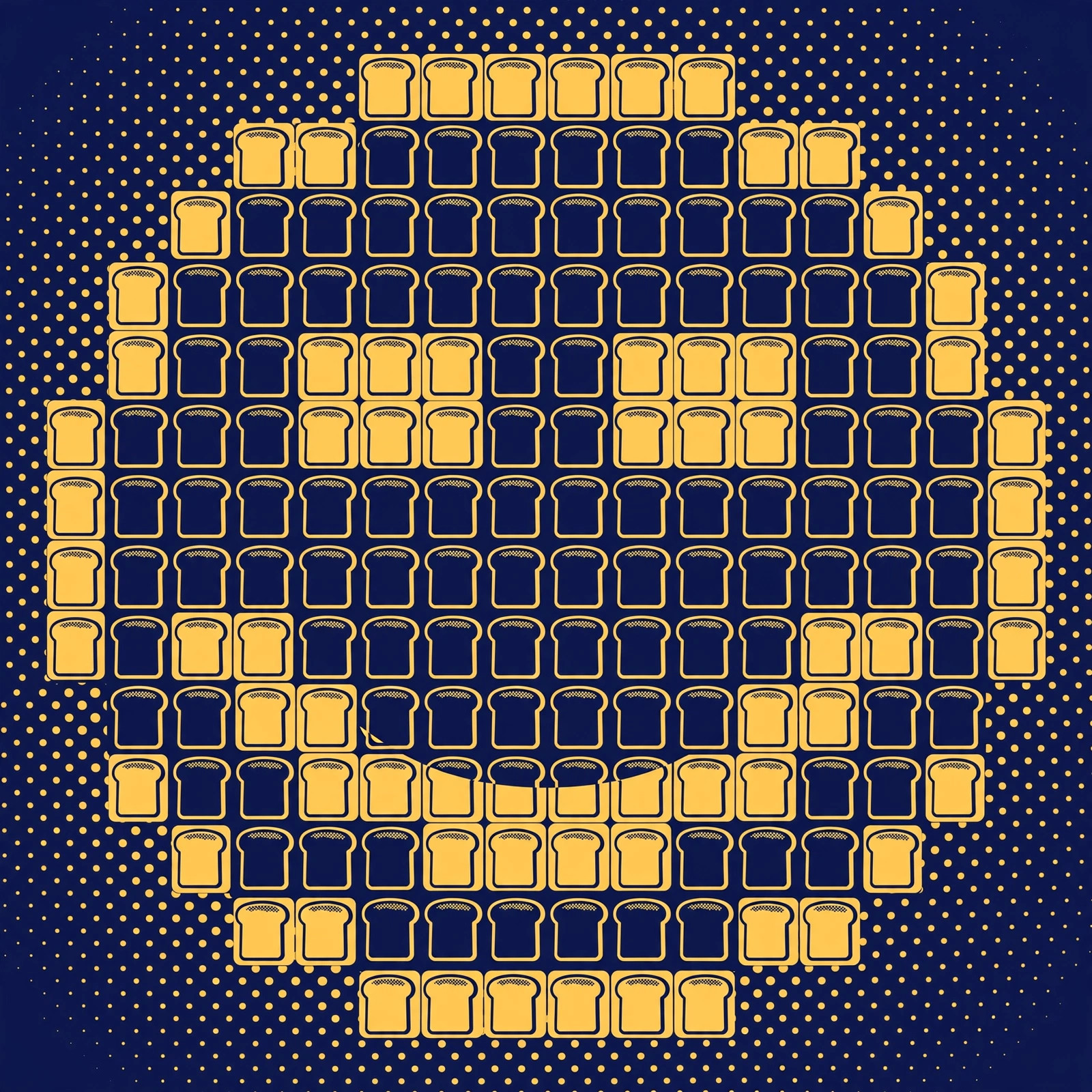 Duotone pixel-art face assembled from a grid of small toast-slice squares