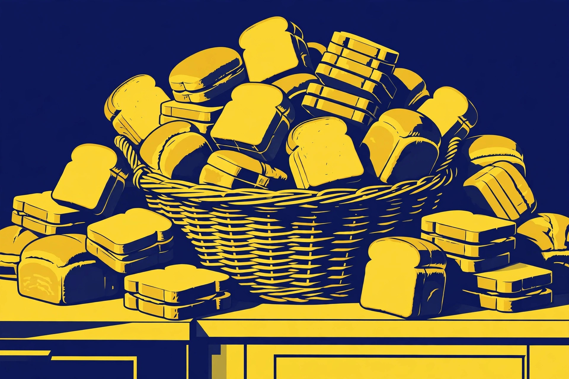 Duotone illustration of a wicker basket overflowing with loaves of white sandwich bread