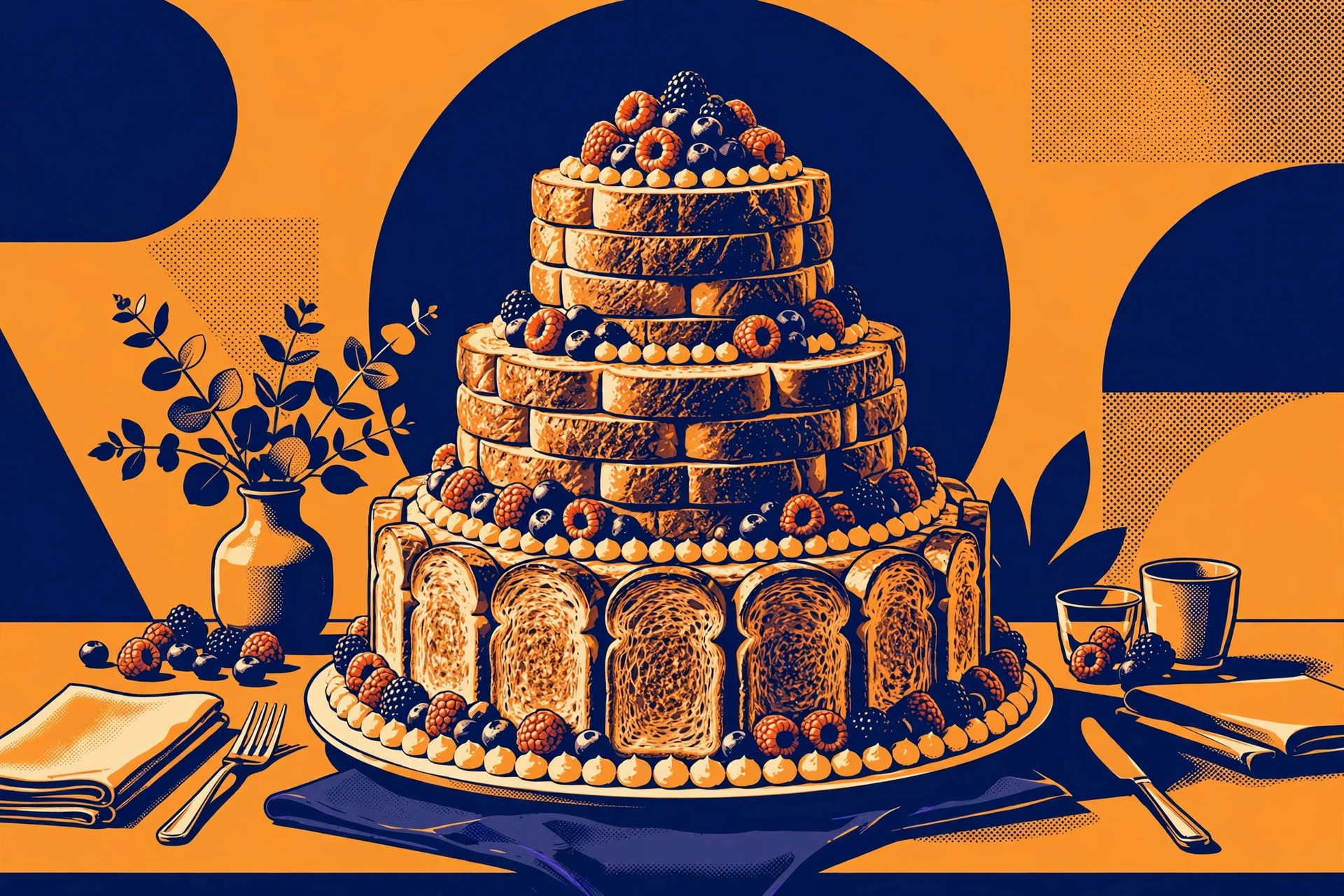 Duotone illustration of a three-tiered wedding cake built from toast slices, decorated with berries